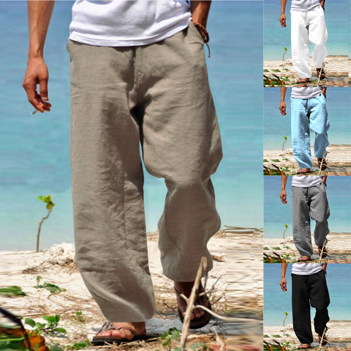 👖🕺【50% отстъпка 🔥】【S–5XL】😍 Летни мъжки прави широки панталони в големи размери, едноцветни, с връзка на талията, ежедневни и дишащи, 8 цвята