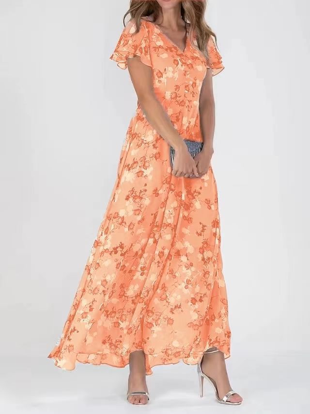 👗❤️【S-5XL】Стилна шифонена рокля с V-образно деколте и флорални волани✅【40-95 кг】