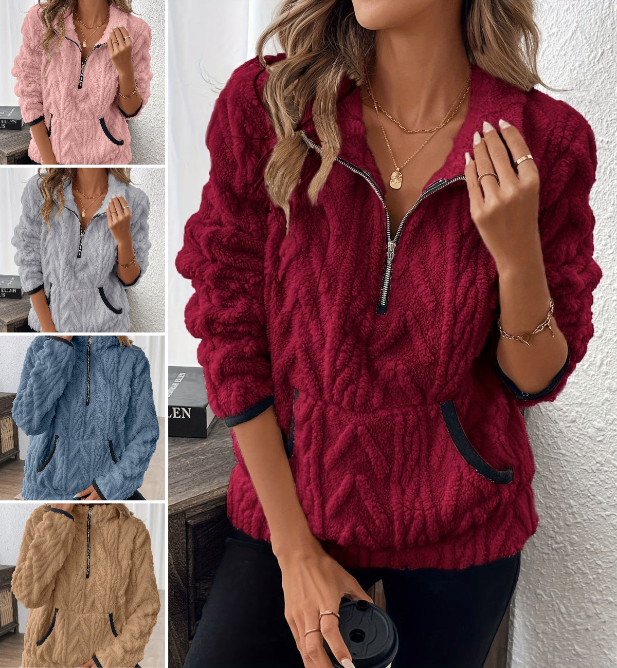 🔥 Speciální nabídka 【S–3XL】Nová krátká mikina s klopami v evropském a americkém stylu, žakárová, s polovičními zipy a plyšovými kapsami