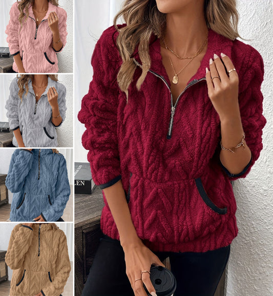 🔥 Speciální nabídka 【S–3XL】Nová krátká mikina s klopami v evropském a americkém stylu, žakárová, s polovičními zipy a plyšovými kapsami