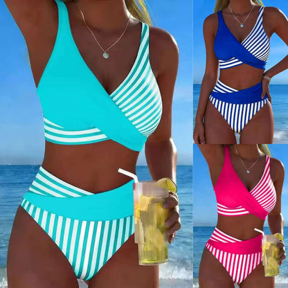 【40-100 kg】Bikini de dos piezas con estampado de bloques y rayas de colores