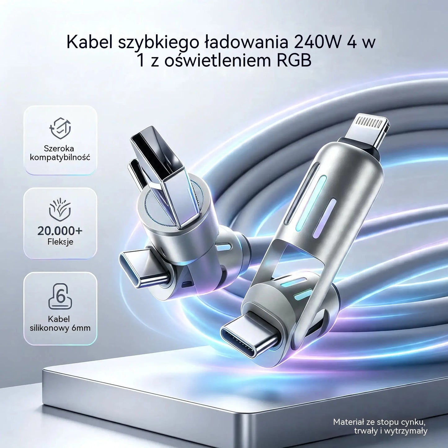 🔥 (2 m długości) 4-w-1 kabel do szybkiego ładowania PD 240 W – obsługuje szybkie ładowanie USB-C, Lightning i USB-A; wykonany ze stopu aluminium i silikonu; obsługuje synchronizację danych ⚡📱