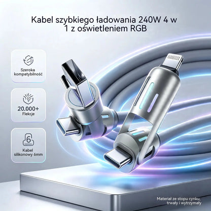 🔥 (2 m długości) 4-w-1 kabel do szybkiego ładowania PD 240 W – obsługuje szybkie ładowanie USB-C, Lightning i USB-A; wykonany ze stopu aluminium i silikonu; obsługuje synchronizację danych ⚡📱