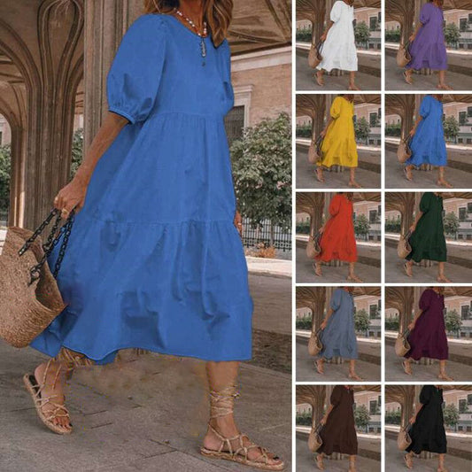 👗Nou în stoc [S-5XL] Rochie de vară din bumbac natural și in, în stil boem, pentru femei, rochie retro cu decolteu rotund