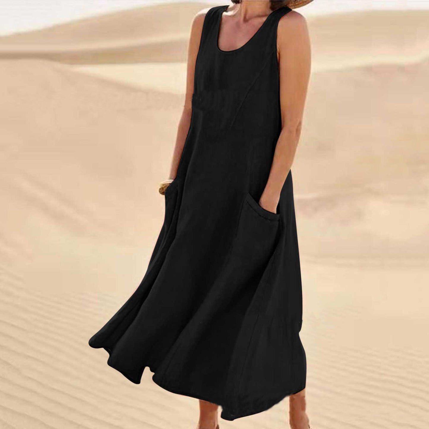 🌈【S-5XL】Nova poletna elegantna bombažna tencel obleka brez rokavov z okroglim izrezom (11 barv)