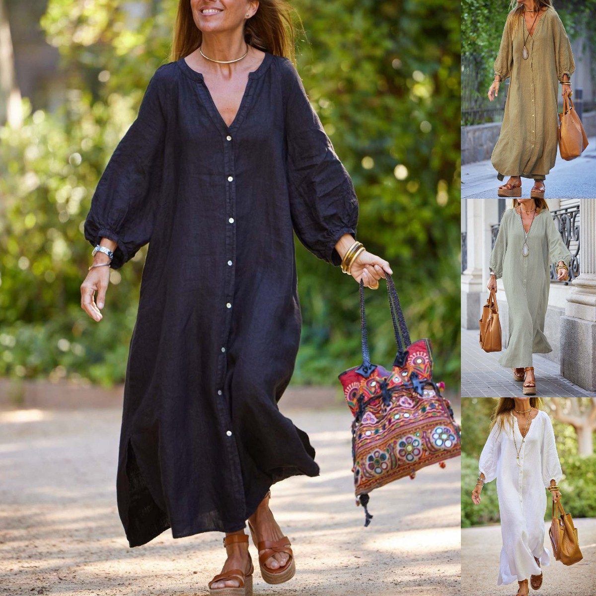 👗【50% popust】🎁【S–3XL】 Nova ženska dolga srajčna obleka z V-izrezom, naravni bombaž in lan, plus size
