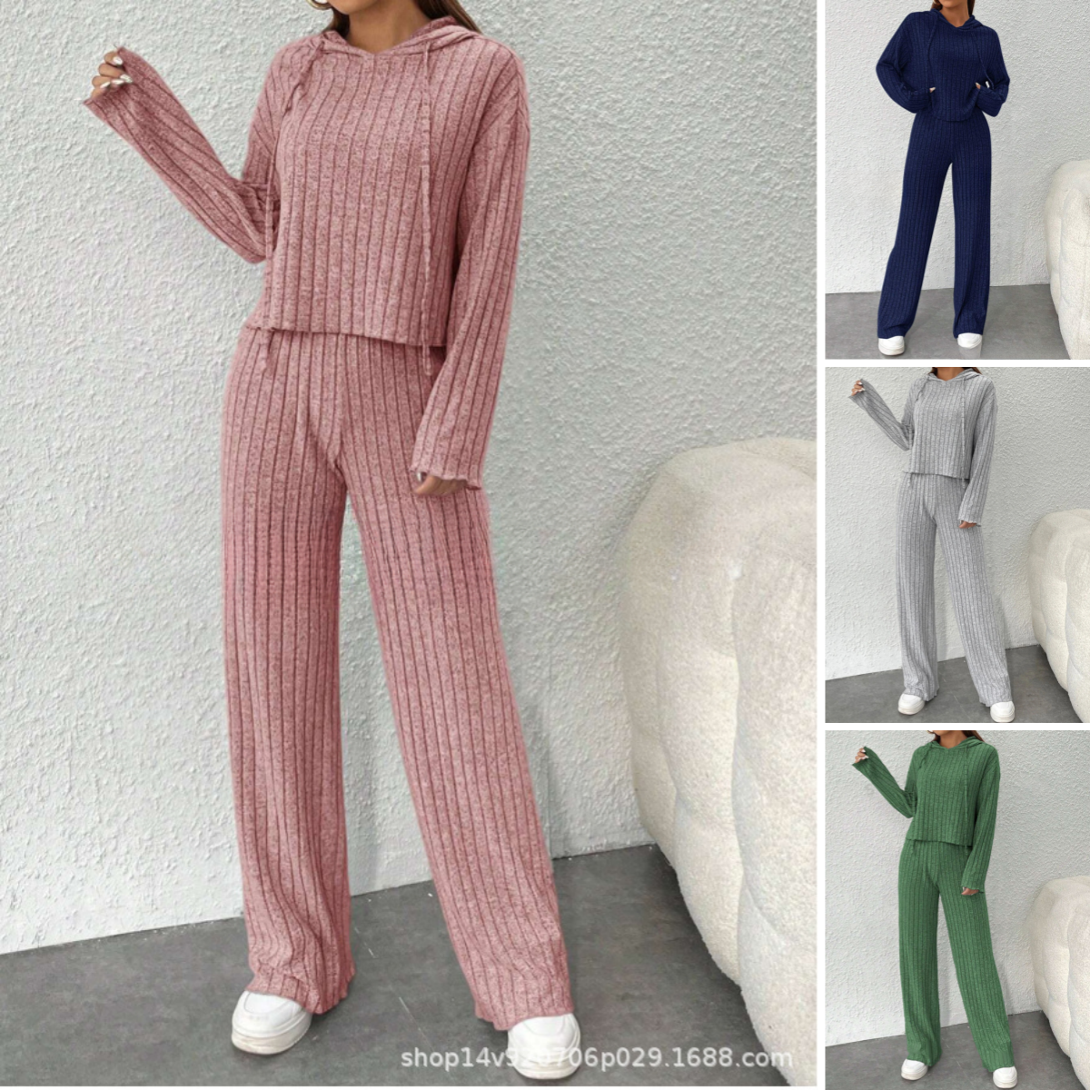 📢📢Zľava 50% 😍【40-90KG】Dámsky dvojdielny pletený top s kapucňou a nohavice so širokými nohavicami