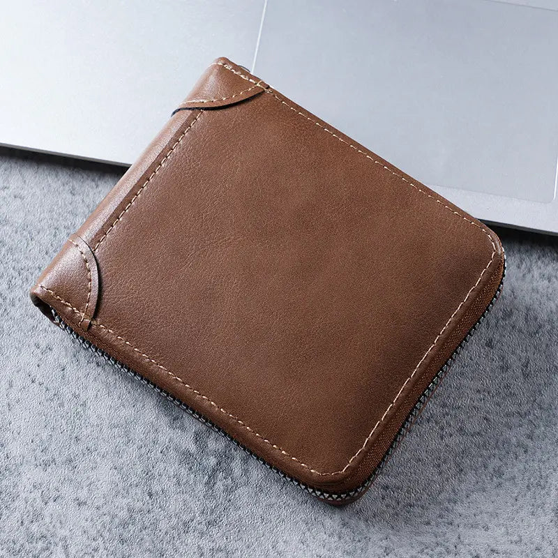 ✨🎁Portfel męski w stylu retro ze sztucznej skóry z zamkiem błyskawicznym, miejscem na karty i składaną portmonetką.