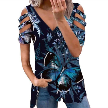 【50% отстъпка】💘【S-3XL】Стилна дамска тениска с голи рамене, с вдлъбнати ръкави, които подчертават линията на врата и раменете, и модерни щампи, които подчертават индивидуалността и модерността.