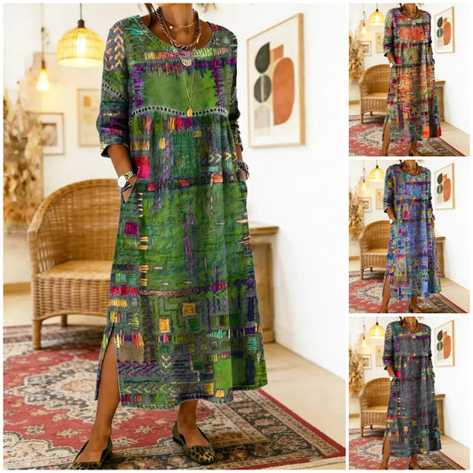 ✨ 50% zniżki!【S-5XL】Letnia sukienka w stylu retro z okrągłym dekoltem i nadrukiem – lekka, przewiewna, wyszczuplająca i łatwa w stylizacji.