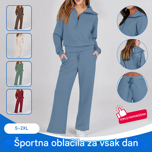 🔥【S-2XL】Eleganten komplet športnih oblačil za prosti čas. Dvodelni komplet, ki vključuje pulover z dolgimi rokavi in zadrgo ter široke hlače.