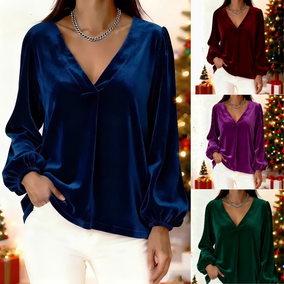 【50% sleva】🥰🥰[M-3XL】🌺Nejprodávanější elegantní luxusní tričko se zlatým sametovým výstřihem do V a rukávy s lucernou