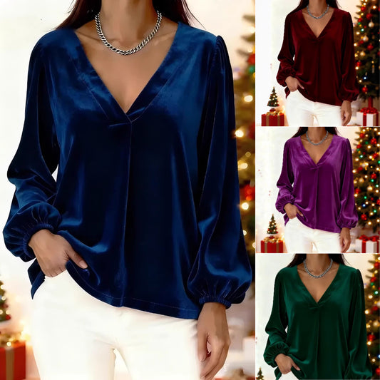 【50% sleva】🥰🥰[M-3XL】🌺Nejprodávanější elegantní luxusní tričko se zlatým sametovým výstřihem do V a rukávy s lucernou