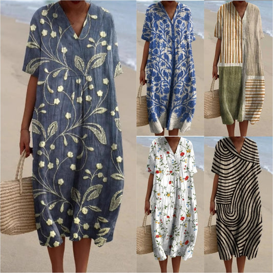 【50% POPUSTA】🔥【Vroča razprodaja】👗👗【S-5XL】Modna obleka z digitalnim potiskom in V-izrezom 2025