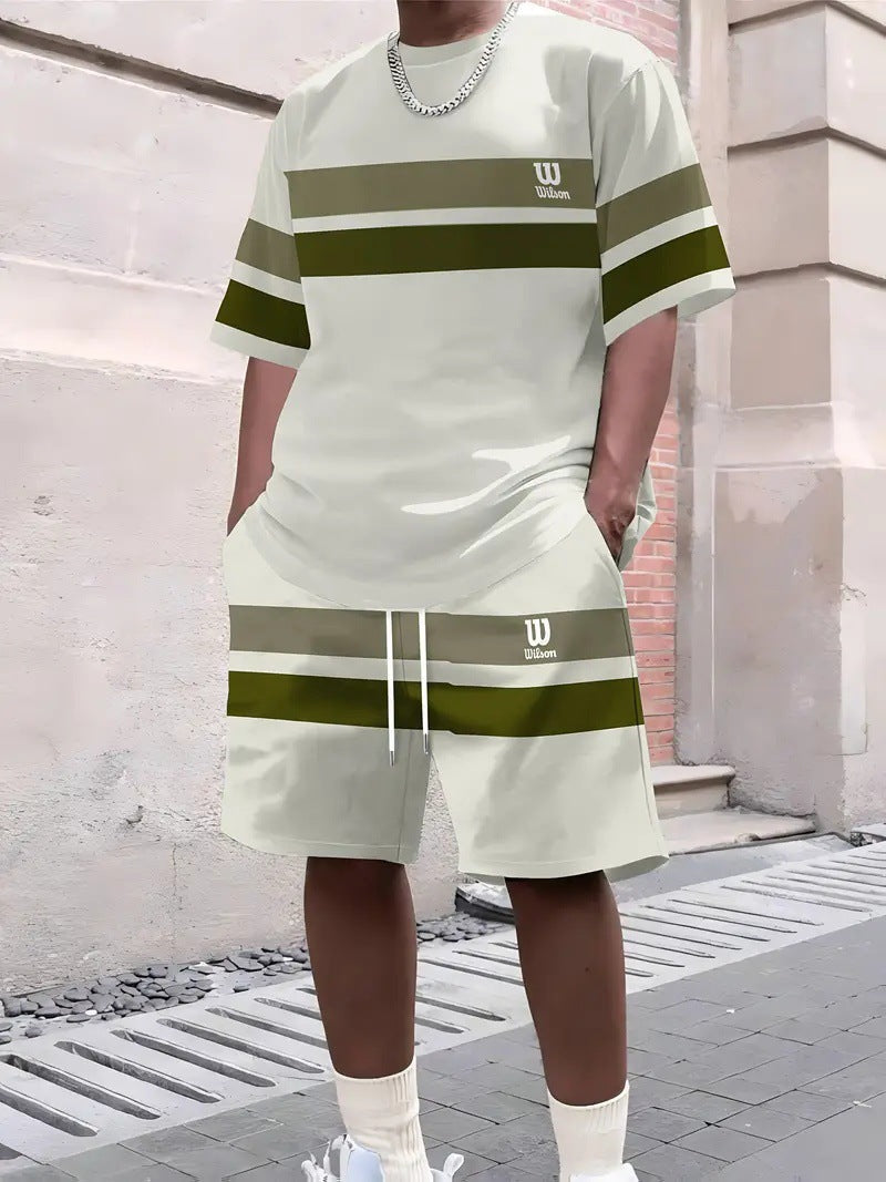 【S-5XL】Stylowy męski komplet składający się z koszulki z nadrukiem i spodenek, modny dwuczęściowy komplet, wygodny zarówno na co dzień, jak i na sportowo.