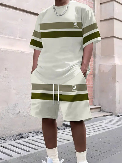 【S-5XL】Stylowy męski komplet składający się z koszulki z nadrukiem i spodenek, modny dwuczęściowy komplet, wygodny zarówno na co dzień, jak i na sportowo.