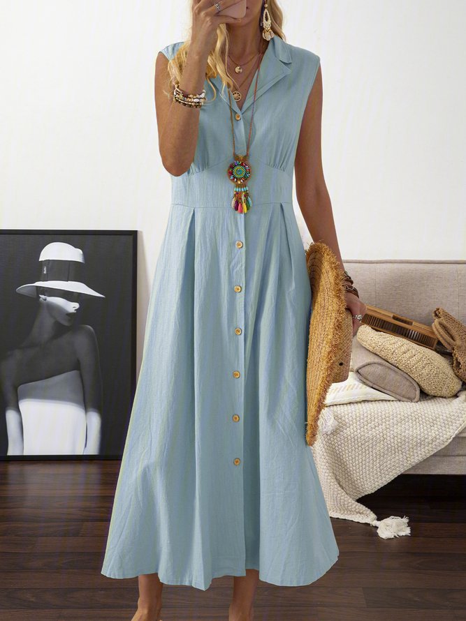 🎀💃【50% reducere 💥】【S–3XL】Rochie de damă de mărime plus mare din bumbac și in, cu guler tip sacou și nasturi, ușoară și respirabilă