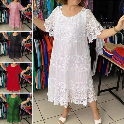 ✨【S-5XL】Nova čipkasta obleka s kratkimi rokavi in okroglim izrezom