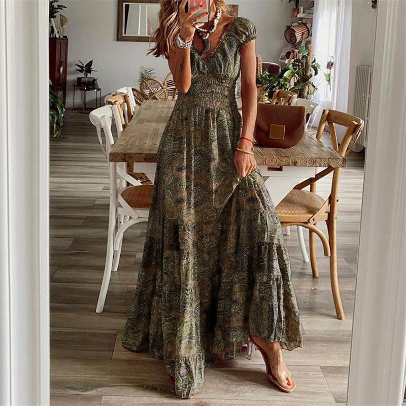 👗✨【50% popust 🔥】【S–2XL】Nova dolga boemska obleka s poudarjenim pasom, ležernega kroja s cvetličnim vzorcem