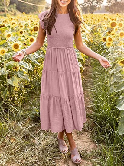 👗🌈【S-2XL】Рокля в бохемски стил, къси ръкави, обло деколте, перфектно подчертава фигурата ви.