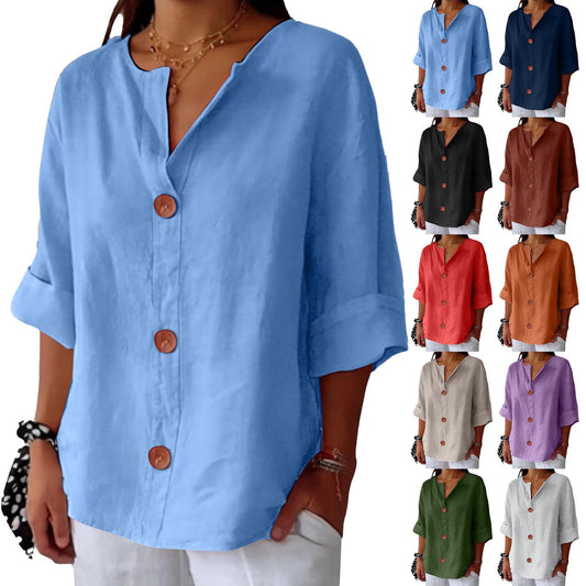 🔥【50% kedvezmény】【S-5XL】Új, bő szabású, V-nyakú, pamut és lenvászon női póló, több színben kapható