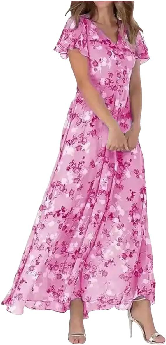 👗❤️【S-5XL】Стилна шифонена рокля с V-образно деколте и флорални волани✅【40-95 кг】