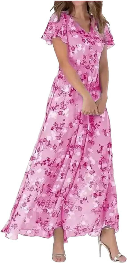 👗❤️【S-5XL】Стилна шифонена рокля с V-образно деколте и флорални волани✅【40-95 кг】