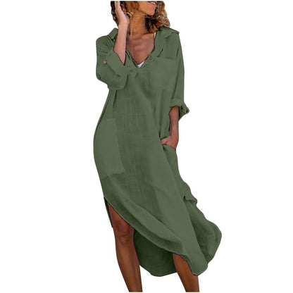 【S-2XL】Rochie lungă, cu imprimeu floral, din bumbac și in, respirabilă, de culoare solidă, la modă, la modă