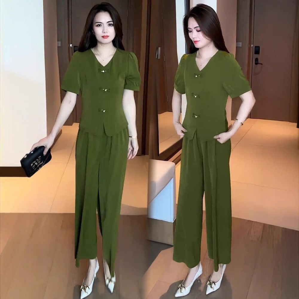 🌸【Top + spodnie z szerokimi nogawkami】Modny zestaw na co dzień. Eleganckie i przewiewne, odpowiednie na różne okazje