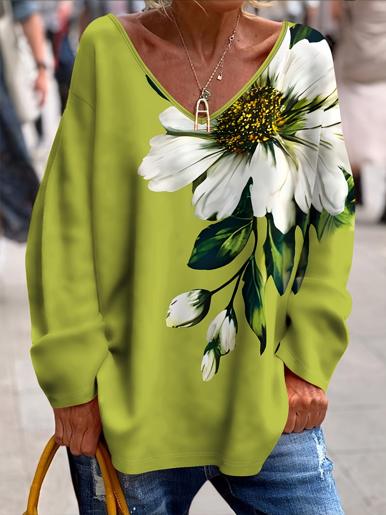 💐【S-2XL】Дамска модна тениска с V-образно деколте и щампа, подходяща за пролетно и есенно носене