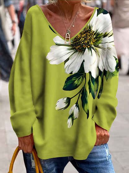 💐【S-2XL】Дамска модна тениска с V-образно деколте и щампа, подходяща за пролетно и есенно носене