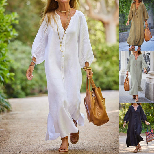 👗【50% popust】🎁【S–3XL】 Nova ženska dolga srajčna obleka z V-izrezom, naravni bombaž in lan, plus size