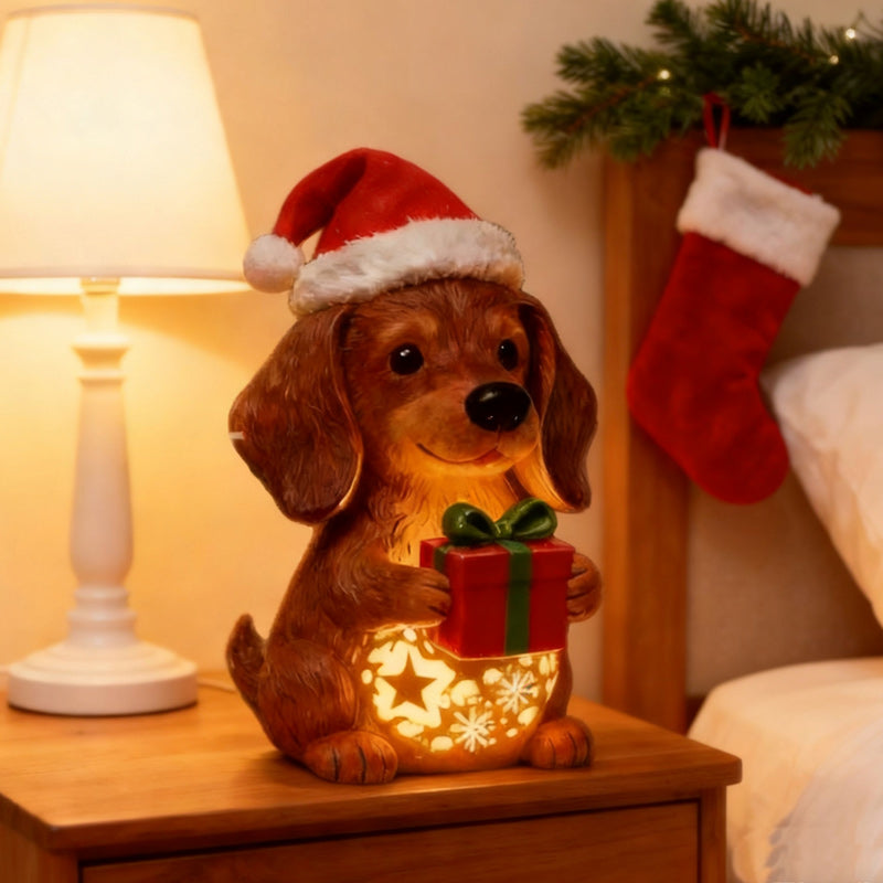 🎄🐶💡50% sleva🔥Vánoční světelná socha psa, vánoční ozdoba na čepici, svítící dárková krabička, pryskyřičný vánoční dárek