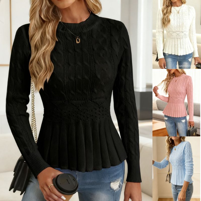 🌟Nové retro pletené šaty s kulatým výstřihem a dlouhým rukávem pro ženy, úzký pas, plisovaný svetrový top