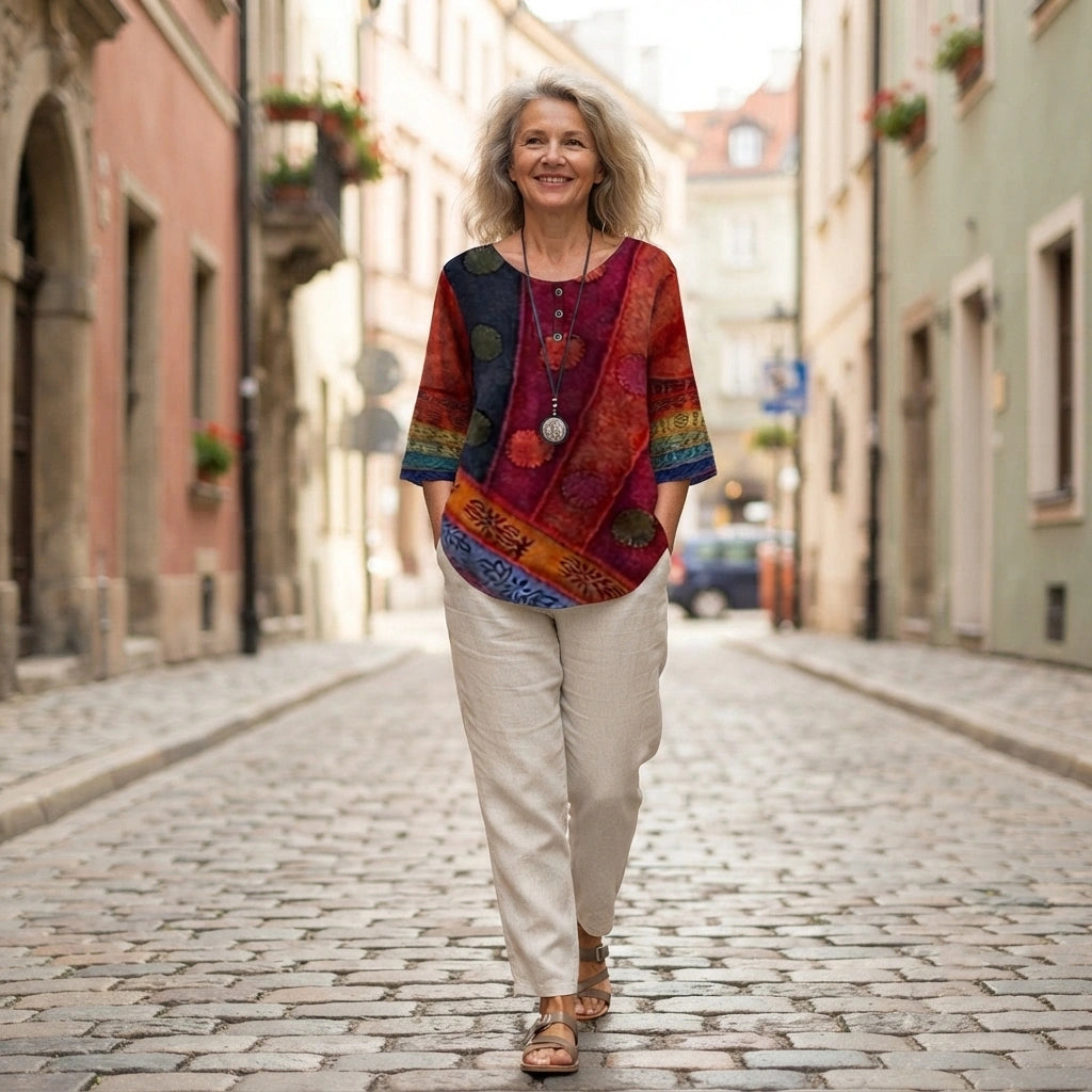 🌸2026 Nowy T-shirt z geometrycznym nadrukiem i długim dekoltem w kształcie układanki dla kobiet