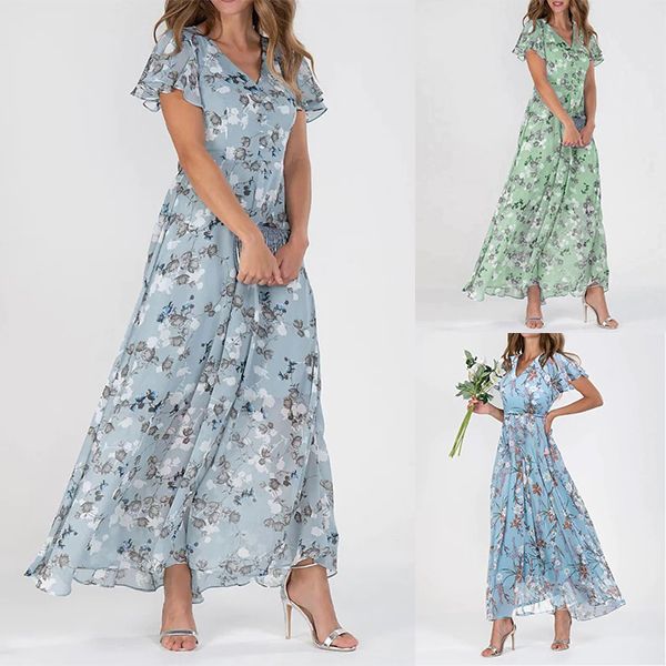 👗❤️【S-5XL】Стилна шифонена рокля с V-образно деколте и флорални волани✅【40-95 кг】