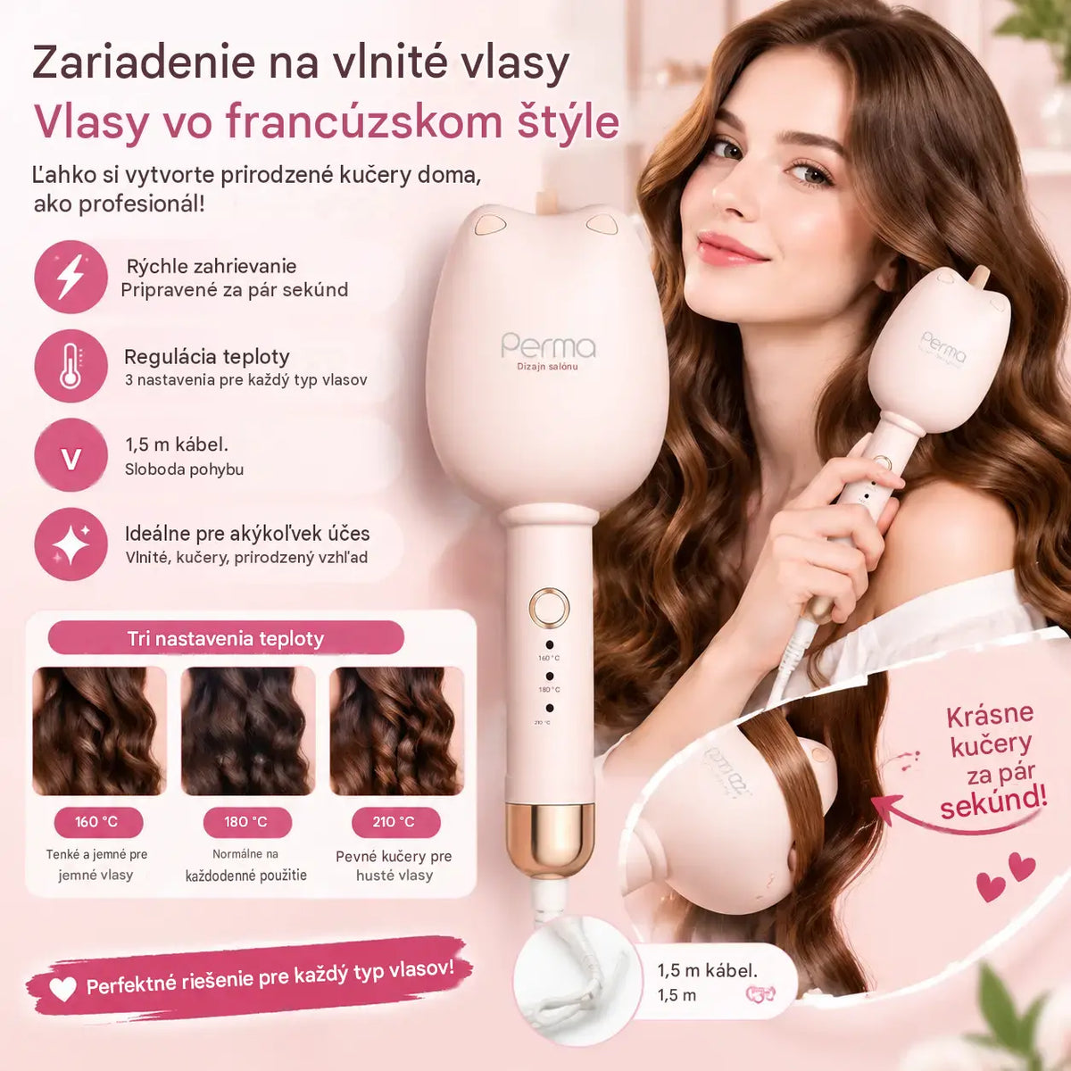💇‍♀️ Kulma na vlasy vo francúzskom štýle – rýchly ohrev, regulácia teploty, 1,5 m kábel – ideálna pre akýkoľvek účes a typ vlasov! ✨