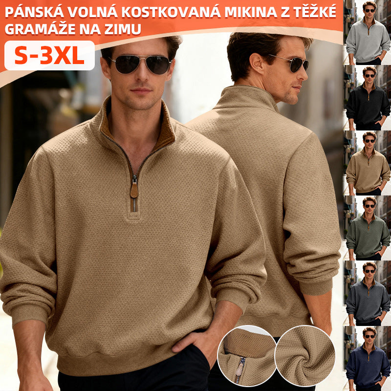 👨💼🧥【S-3XL】Pánská zimní volná mikina s kapucí, těžký kompozitní materiál, stojáček na zip, ležérní, dojíždějící, obchodní, kostkovaná