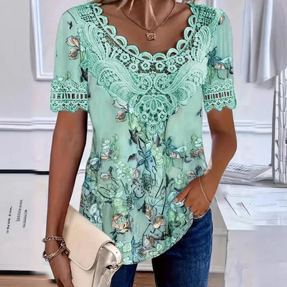 【50% de descuento】💐 Blusa de encaje con cuello en V para mujer, cómoda y transpirable