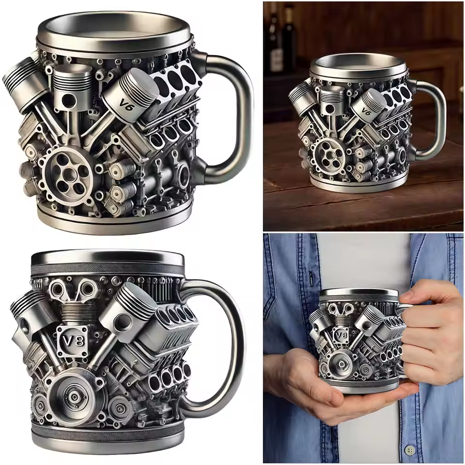 🎁☕ Šalica za kavu od nehrđajućeg čelika Creative Engine V6V8, mehanički dizajn