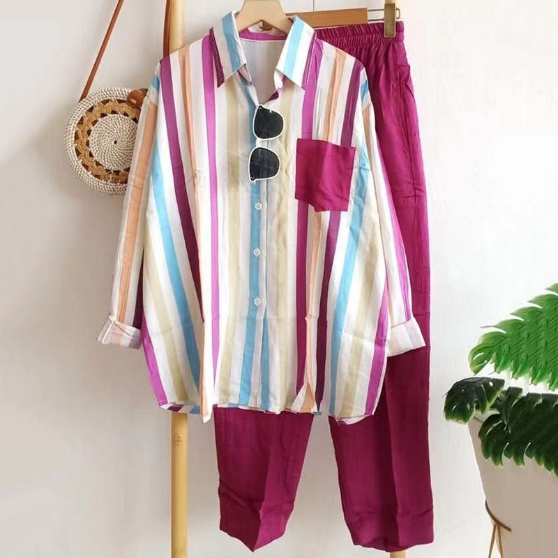 [S-5XL] 🌸 Costum casual din două piese pentru femei, cu dungi, pentru primăvară și vară - plăcut la atingere, moale și versatil