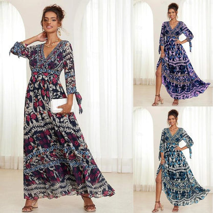 💟【S-5XL】👗Poletna nova ženska obleka s cvetličnimi naborki in V-izrezom, festivalska obleka v boemskem slogu 2025