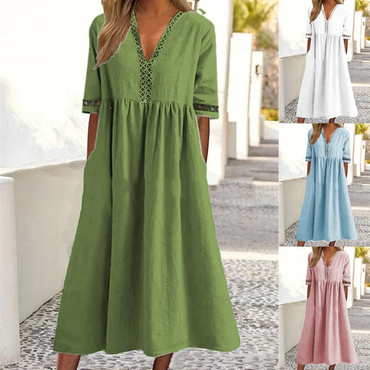 👗【– 50% отстъпка 🔥】😍 Пролетно-лятна рокля с къс ръкав и V-образно деколте от дантела ✅️Плащане при доставка