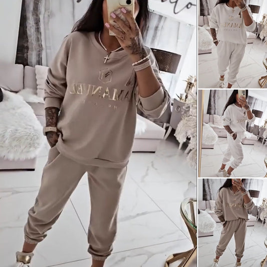 🍁Kupi enega, drugega dobiš gratis🍂【S-5XL】Jesensko-zimski nov kos iz leta 2025 za ženske, iz 100 % bombaža, casual komplet z vzorčasto majico in širokimi hlačami