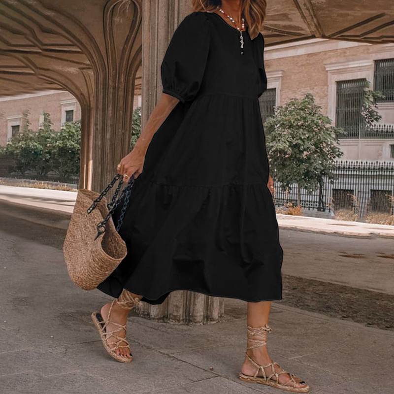 👗Nou în stoc [S-5XL] Rochie de vară din bumbac natural și in, în stil boem, pentru femei, rochie retro cu decolteu rotund