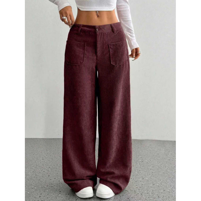 👖👖【50% отстъпка】Нови дамски ежедневни кадифени панталони, с висока талия, много джобове, свободна кройка, дълги до пода и широки крачоли
