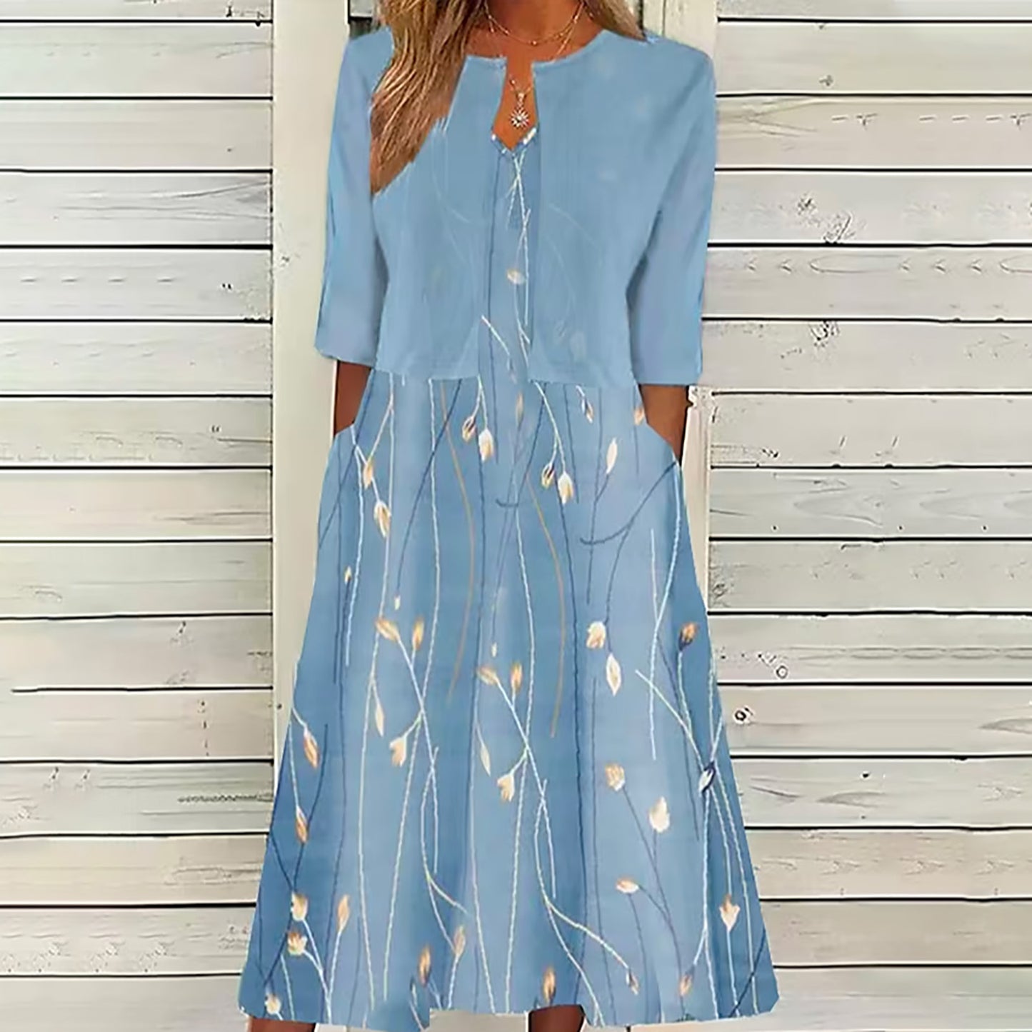 🌸【Długa sukienka z dekoltem w serek + płaszcz】🌸Elegancki dwuczęściowy komplet z kardiganem w etnicznym wzorze