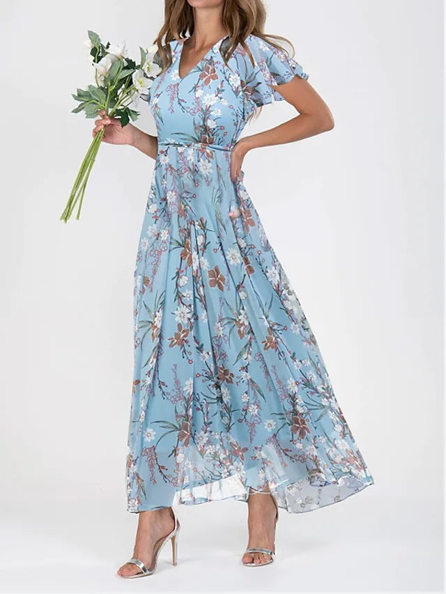 👗❤️【S-5XL】Стилна шифонена рокля с V-образно деколте и флорални волани✅【40-95 кг】