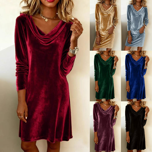 🔥 【S-3XL】 Nové jednofarebné zamatové šaty s dlhým rukávom a golierom