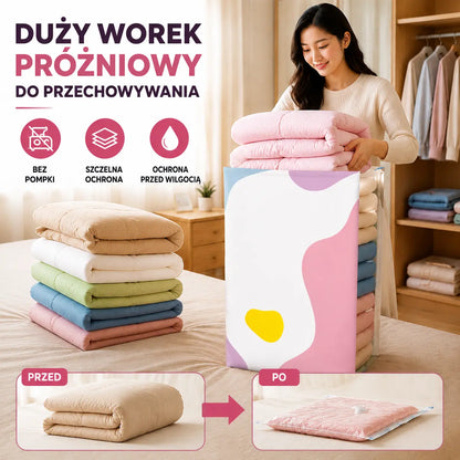 🧳【Zestaw 5 sztuk】💨 Duża, kompresyjna torba próżniowa: nie wymaga pompki, jest szczelna i idealnie nadaje się do oszczędzania miejsca w walizkach i w domu ✈️